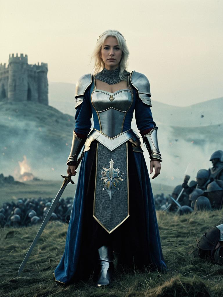 Woman in Excalibur Medieval Armor Costume on Battlefield