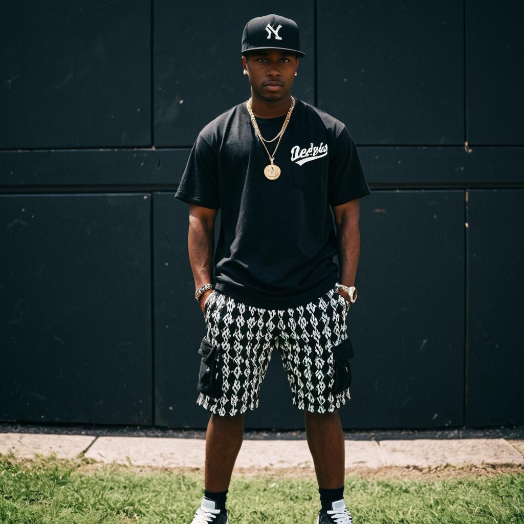 Stylish Hip-Hop Outfit Man Wearing Baseball Cap and Patterned Shorts