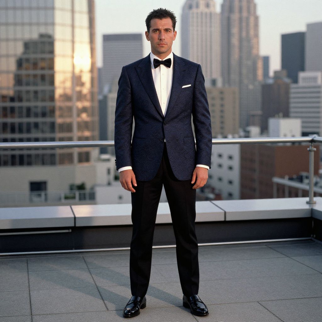 Man in Elegant Dark Blue Tuxedo on Urban Rooftop