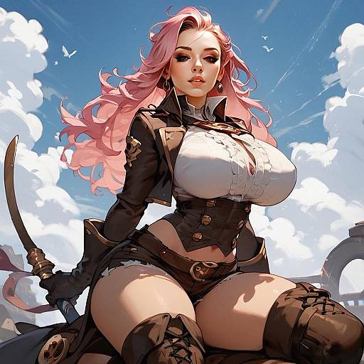 Anime Style Pink-Haired Woman in Steampunk Outfit with Sword