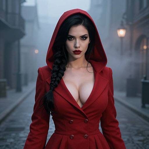 Woman in Red Hooded Coat on Foggy Cobblestone Street