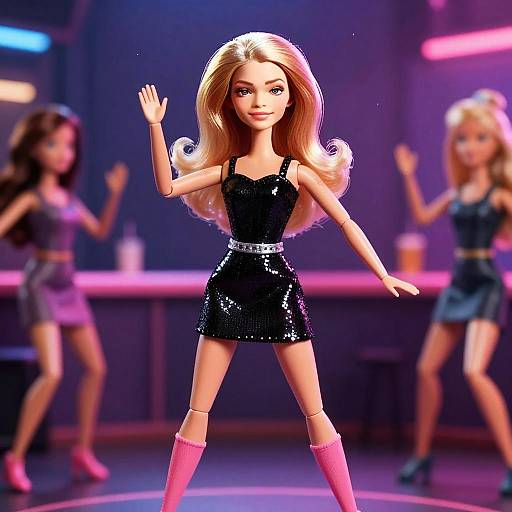 Stylish Barbie Doll in Black Sequin Dress Posing in Neon-Lit Setting