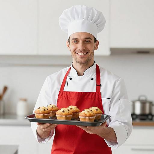 Male Chef Holding Tray of Fresh Chocolate Chip Muffins in Modern Kitchen