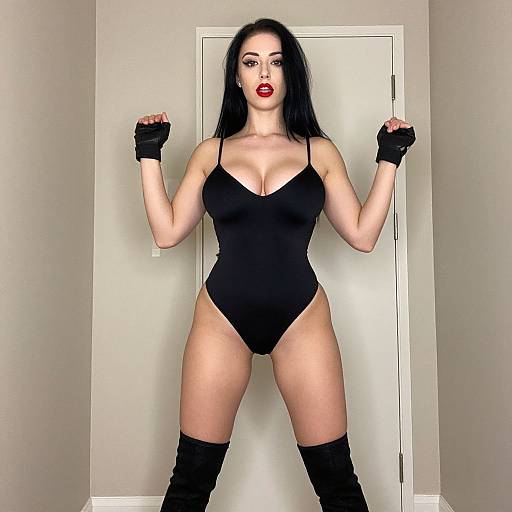 Confident Woman in Black Bodysuit and Thigh-High Boots Posing Indoors