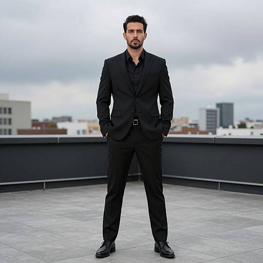 Confident Man in Black Suit on Urban Rooftop
