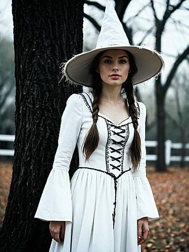 Woman in White Witch Costume with Lace-Up Dress and Pointed Hat Outdoors