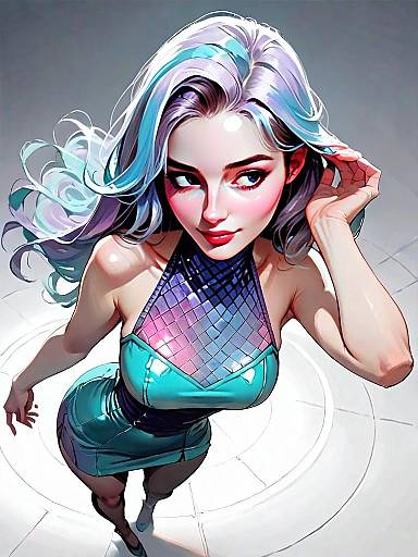 Realistic Comic Style Full Body Shot of Woman with Iridescent Hair in Turquoise Dress