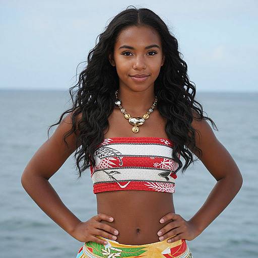 Confident Young Woman in Colorful Beachwear by the Sea