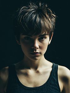 Woman with Messy Pixie Cut and Bangs Hairstyle Waist Up Editorial Photo