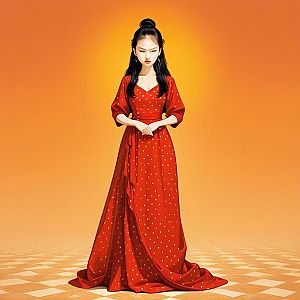 Stylized Woman in Red Dress on Checkered Floor