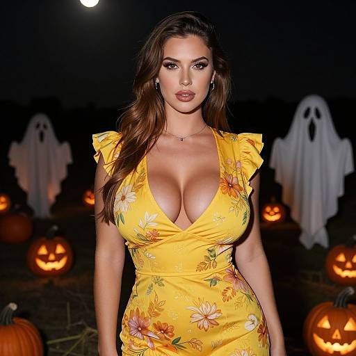 Woman in Yellow Floral Dress at Halloween Pumpkin Patch Night