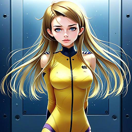 Anime Style Portrait of Blonde Woman in Futuristic Yellow Bodysuit