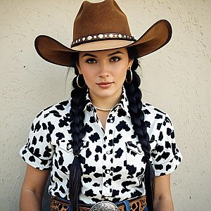 Cowgirl in Cow Print Outfit Against Beige Wall