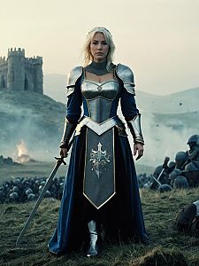 Woman in Excalibur Medieval Armor Costume on Battlefield