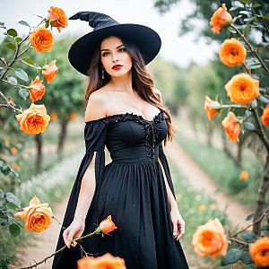 Woman in Black Gown in Orange Rose Garden