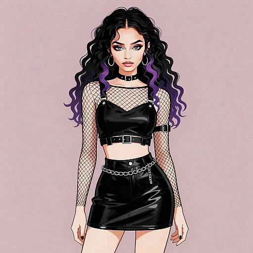 Goth Inspired Young Woman with Purple Streaked Hair in Leather Fashion