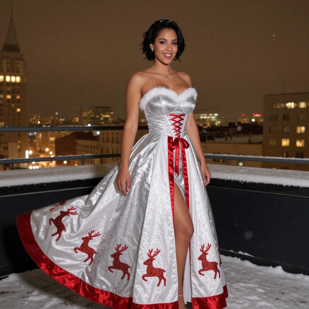 Elegant Woman in Festive White and Red Holiday Gown with Reindeer Design on Snowy Rooftop
