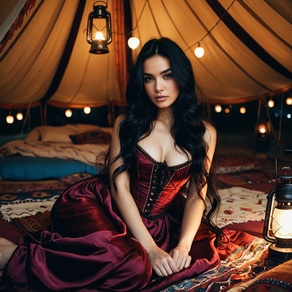 Elegant Woman in Deep Red Corset Dress Inside Warmly Lit Tent