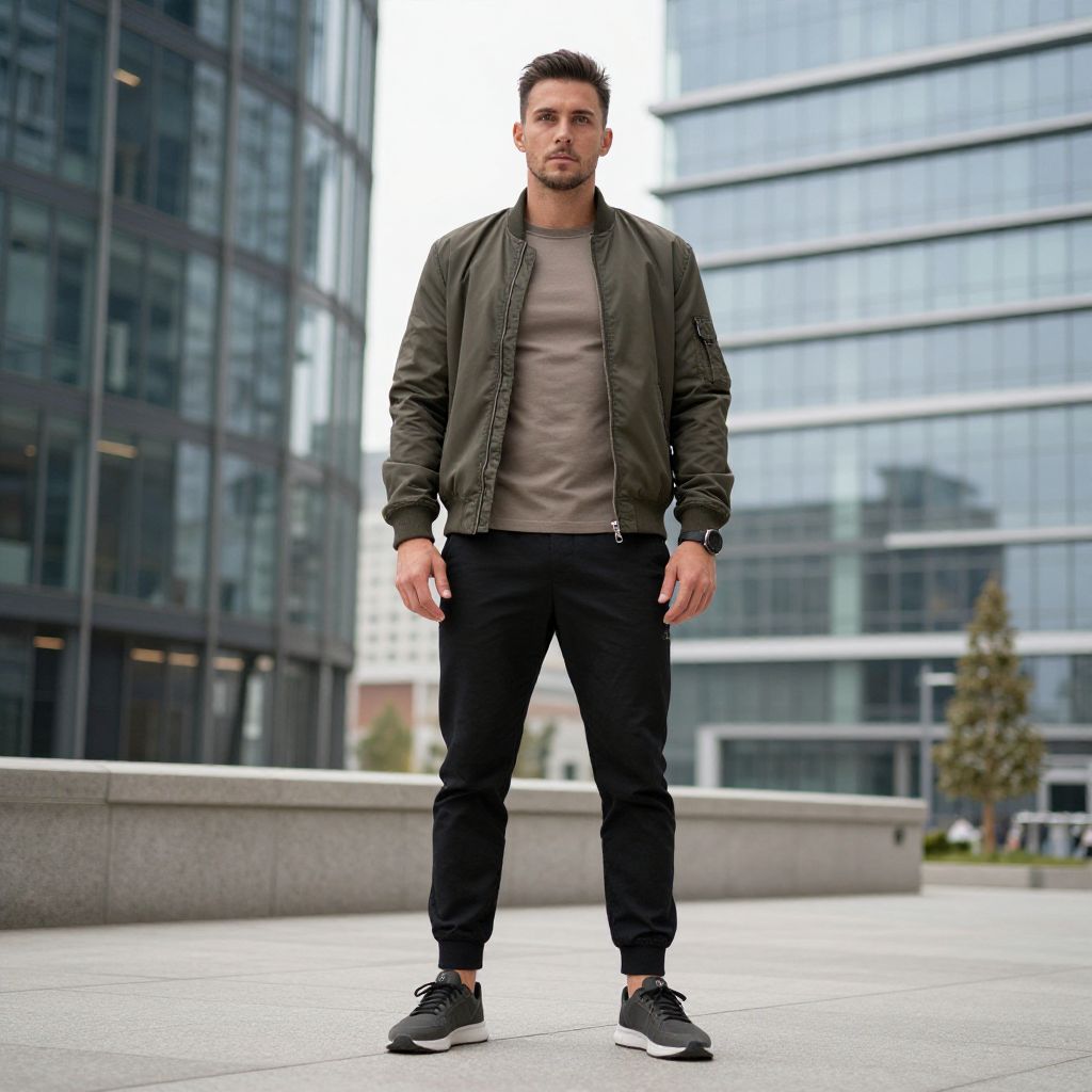 Casual Urban Fashion Man in Bomber Jacket and Joggers Outdoors