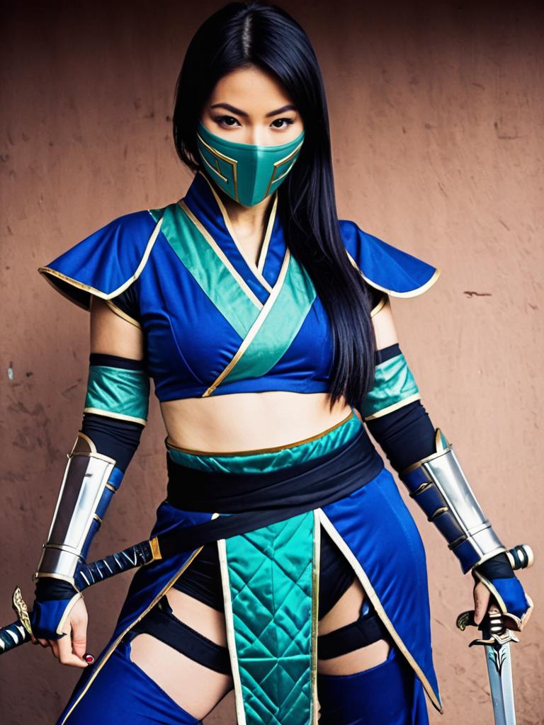 Woman in Blue and Green Ninja Warrior Costume Holding Dual Swords