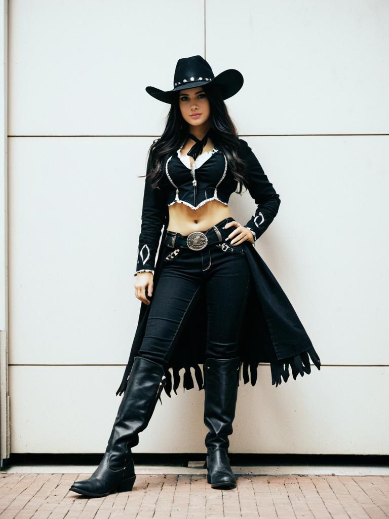 Woman in Black Cowgirl Costume Full Body Cosplay Photo with Dark Hat