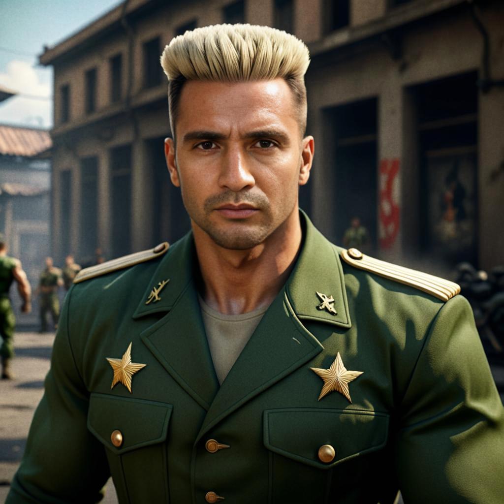 Muscular Man in Military Costume Inspired by Guile from Street Fighter