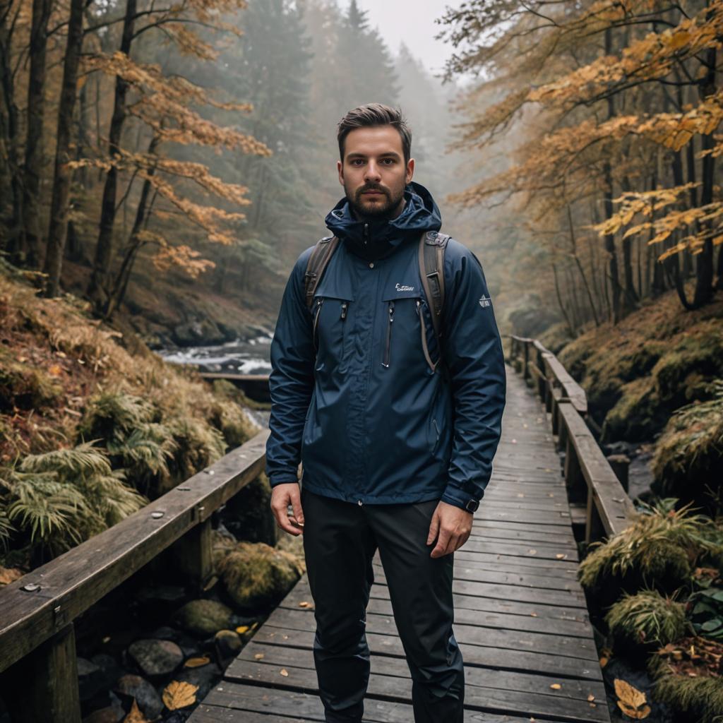 Man on Wooden Bridge in Autumn Forest