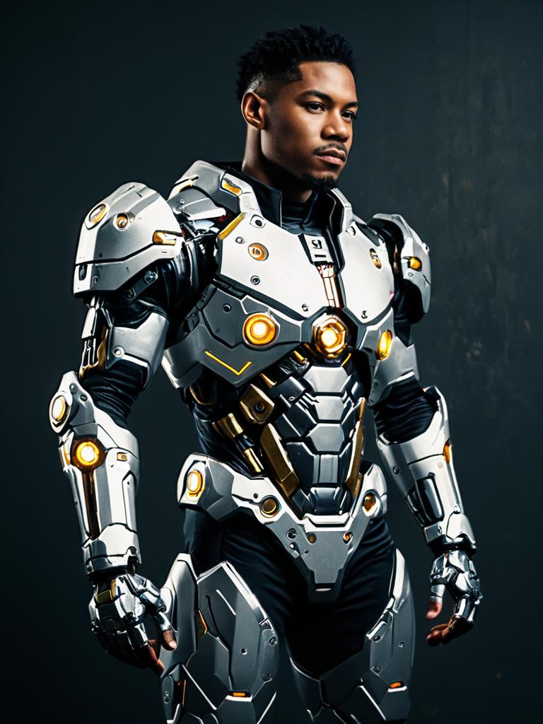 Man in Futuristic Cyborg Costume Wearing Realistic Sci-Fi Armor