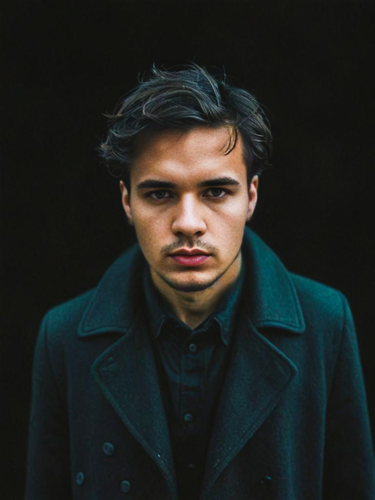 Young Man in Dark Coat with Intense Expression