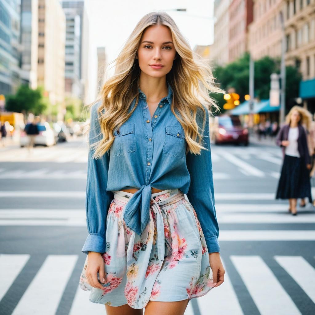 Young Woman Walking in City Wearing Denim Shirt and Floral Skirt