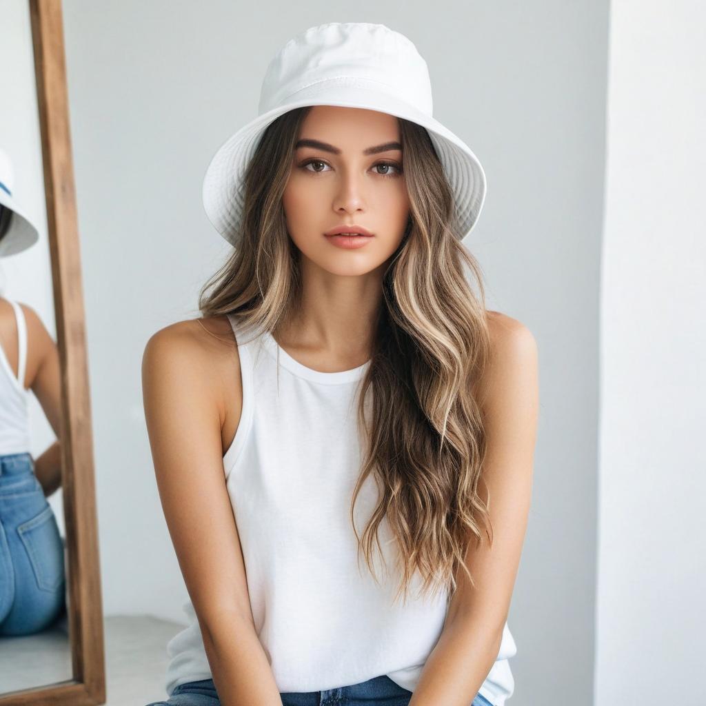 Young Woman in White Bucket Hat and Casual Outfit