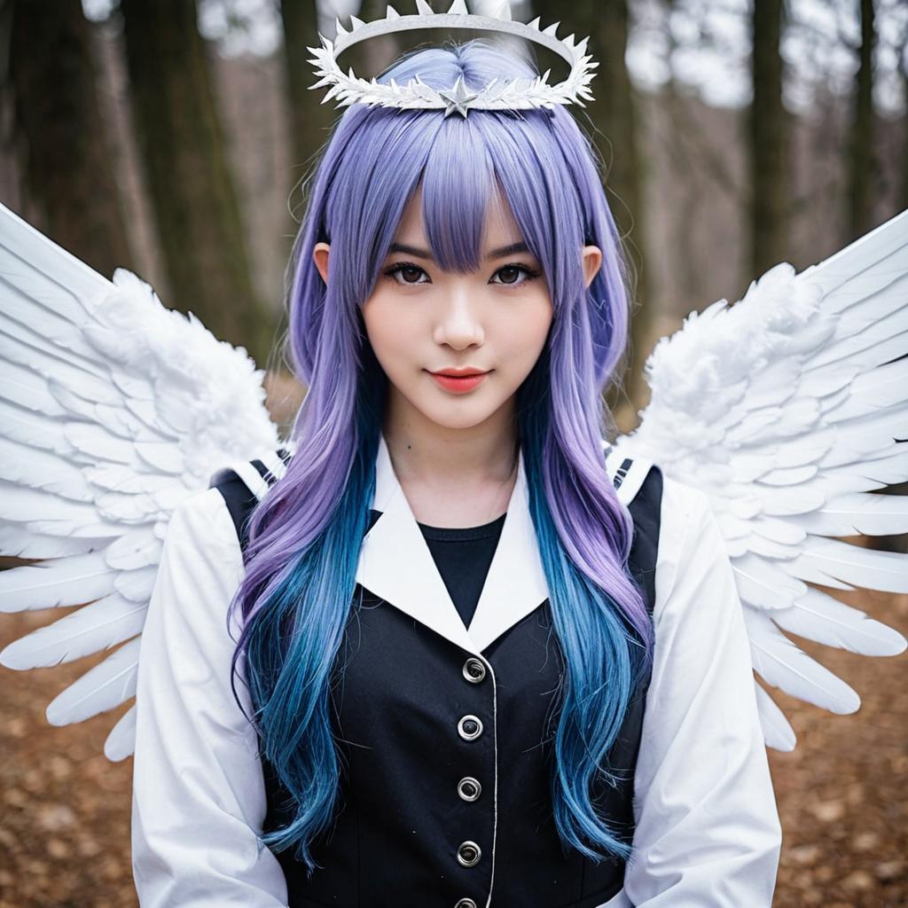 Angel Cosplay Woman with Purple to Blue Hair and Wings in Forest