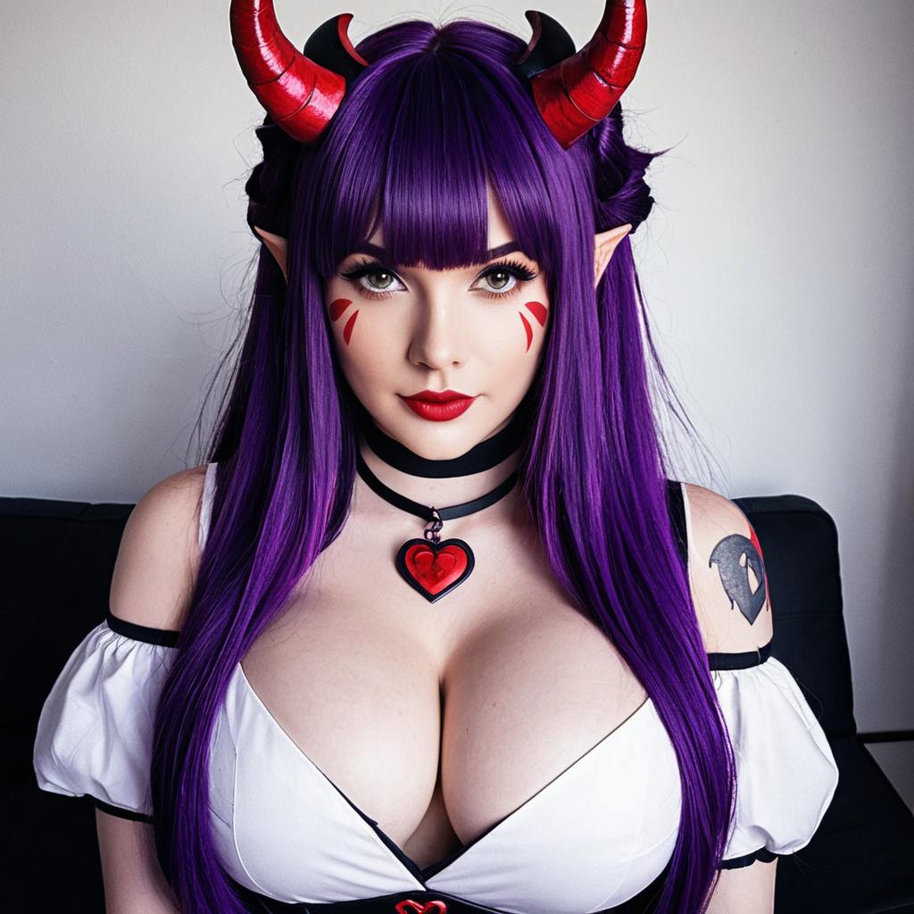 Akuma Nihmune Woman Cosplay with Purple Hair and Red Horns