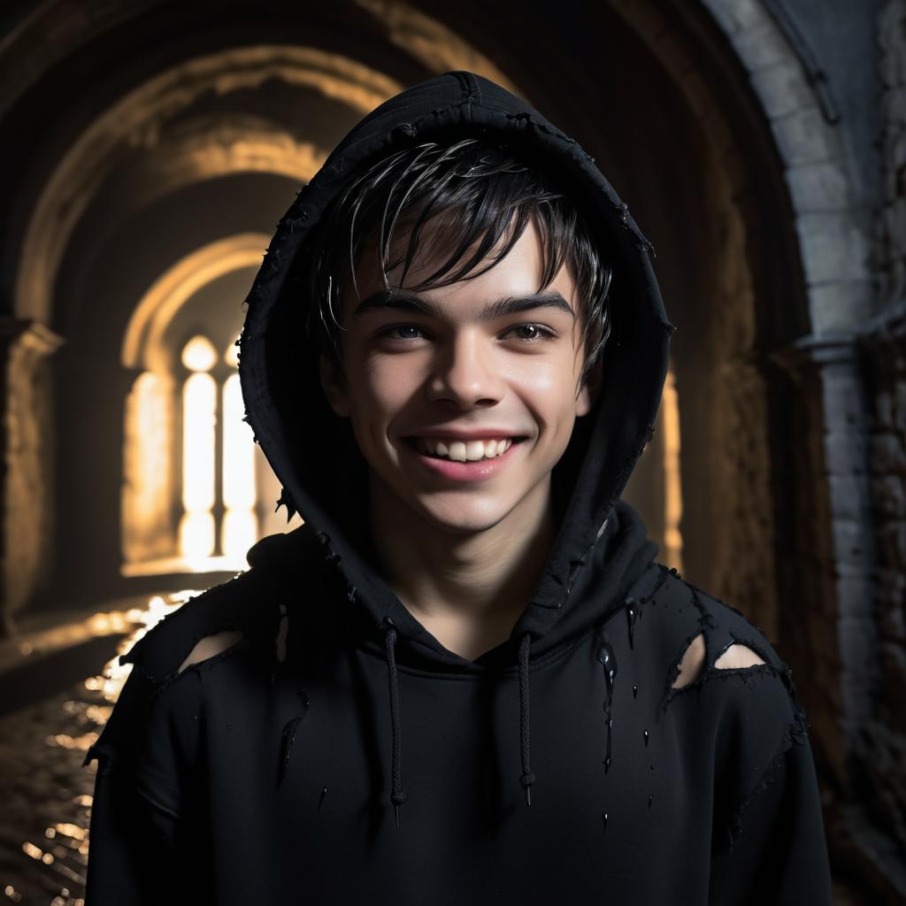 Young Man in Distressed Hoodie in Medieval Hallway