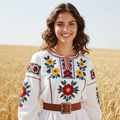 Woman in Embroidered Folk Dress Smiling in Wheat Field