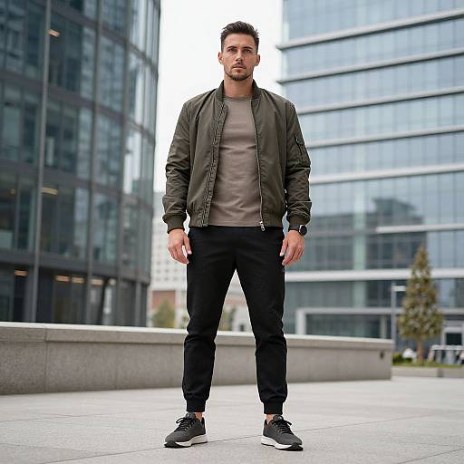 Casual Urban Fashion Man in Bomber Jacket and Joggers Outdoors