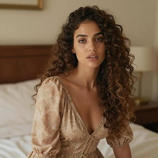 Young Woman with Curly Hair in Cozy Bedroom Wearing Beige Floral Dress