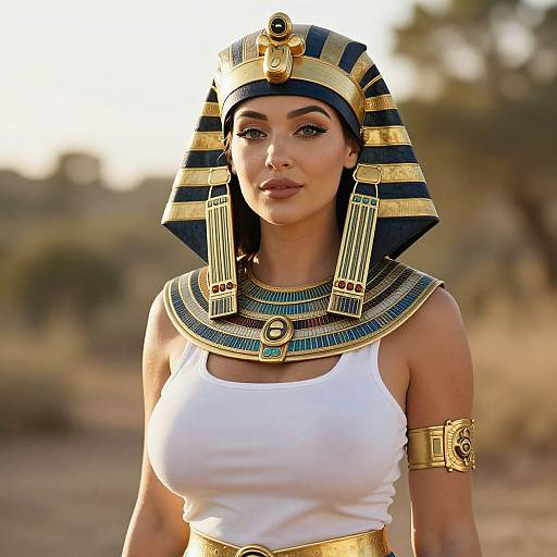 Woman in Modern Egyptian Pharaoh Costume with Gold Nemes Headdress and Collar