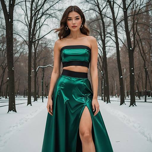 Fashionable Woman in Emerald Green Satin Two-Piece Dress in Snowy Park