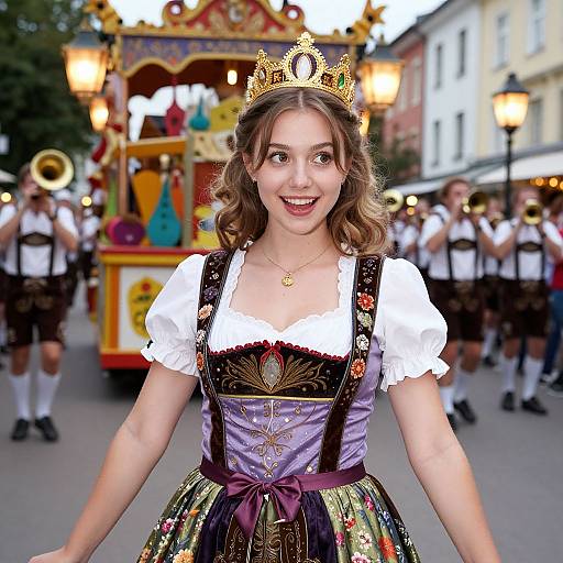 Smiling Woman in Traditional Bavarian Dirndl Crown at Festival Parade