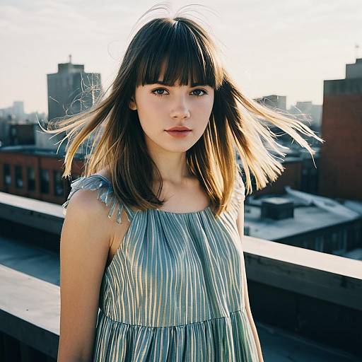 Portrait of Woman on City Rooftop in Light Blue Dress