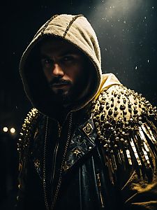 Man in Dark Hoodie and Gold Embellished Costume with Chains