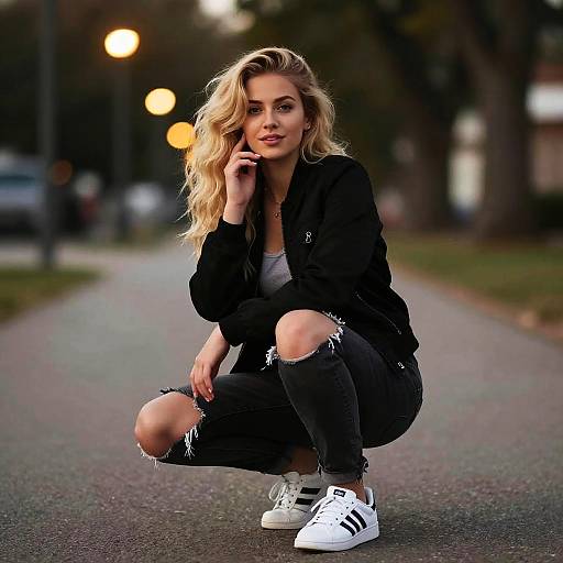Young Woman in Casual Streetwear with Ripped Jeans and White Sneakers