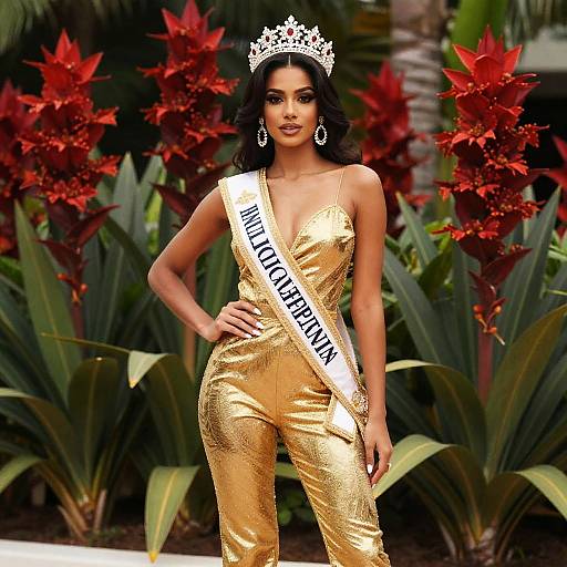 Elegant Woman in Gold Jumpsuit Crown and Sash Outdoors