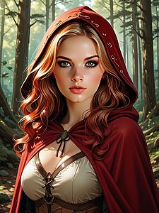 Fantasy Portrait of Woman in Red Cloak in Sunlit Forest