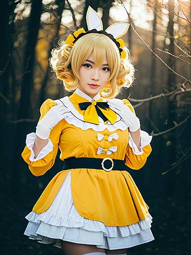 Realistic Cosplay Woman Wearing Mami Futami Costume in Yellow Dress with Bunny Ears