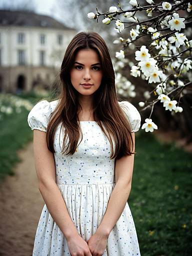 Young Woman in White Easter Dress with Spring Flowers