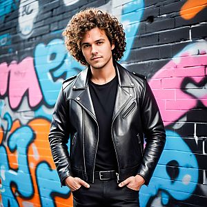 Confident Man in Leather Jacket Against Graffiti