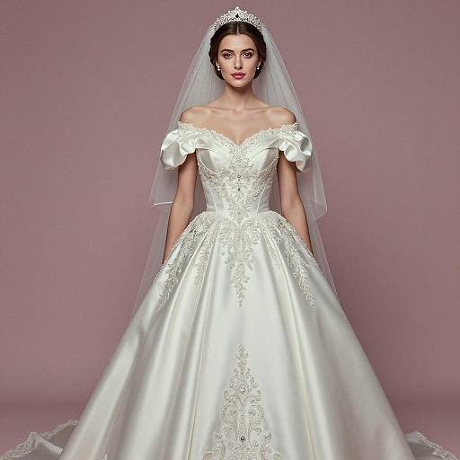 Elegant Off-Shoulder Bridal Gown with Lace Embroidery and Tiara