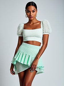 Contemporary Chic Woman in White Textured Crop Top and Polka Dot Skirt